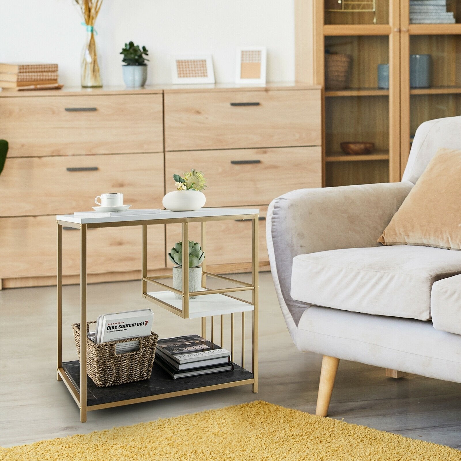 3-Tier Multi-function Marble End Table with Storage Shelf, Golden End & Side Tables   at Gallery Canada