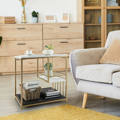 3-Tier Multi-function Marble End Table with Storage Shelf, Golden - Gallery Canada