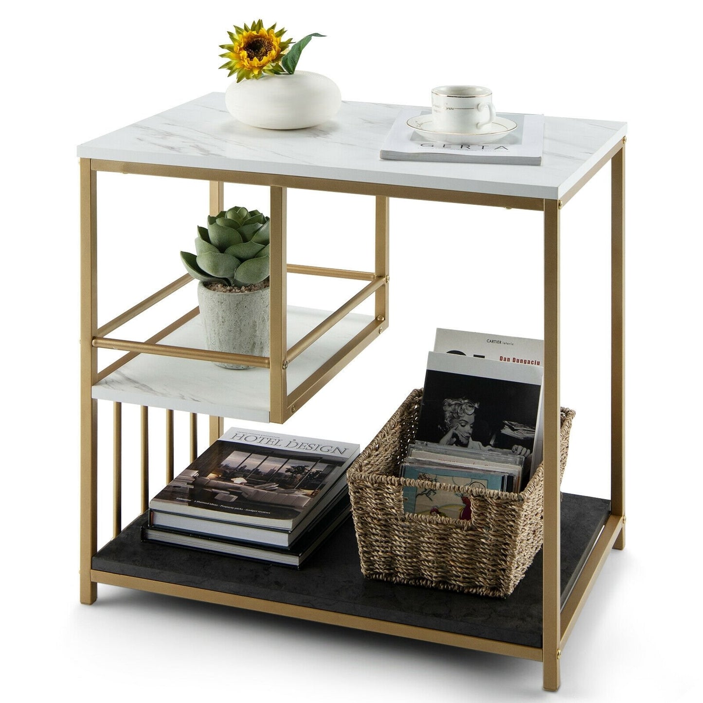 3-Tier Multi-function Marble End Table with Storage Shelf, Golden - Gallery Canada