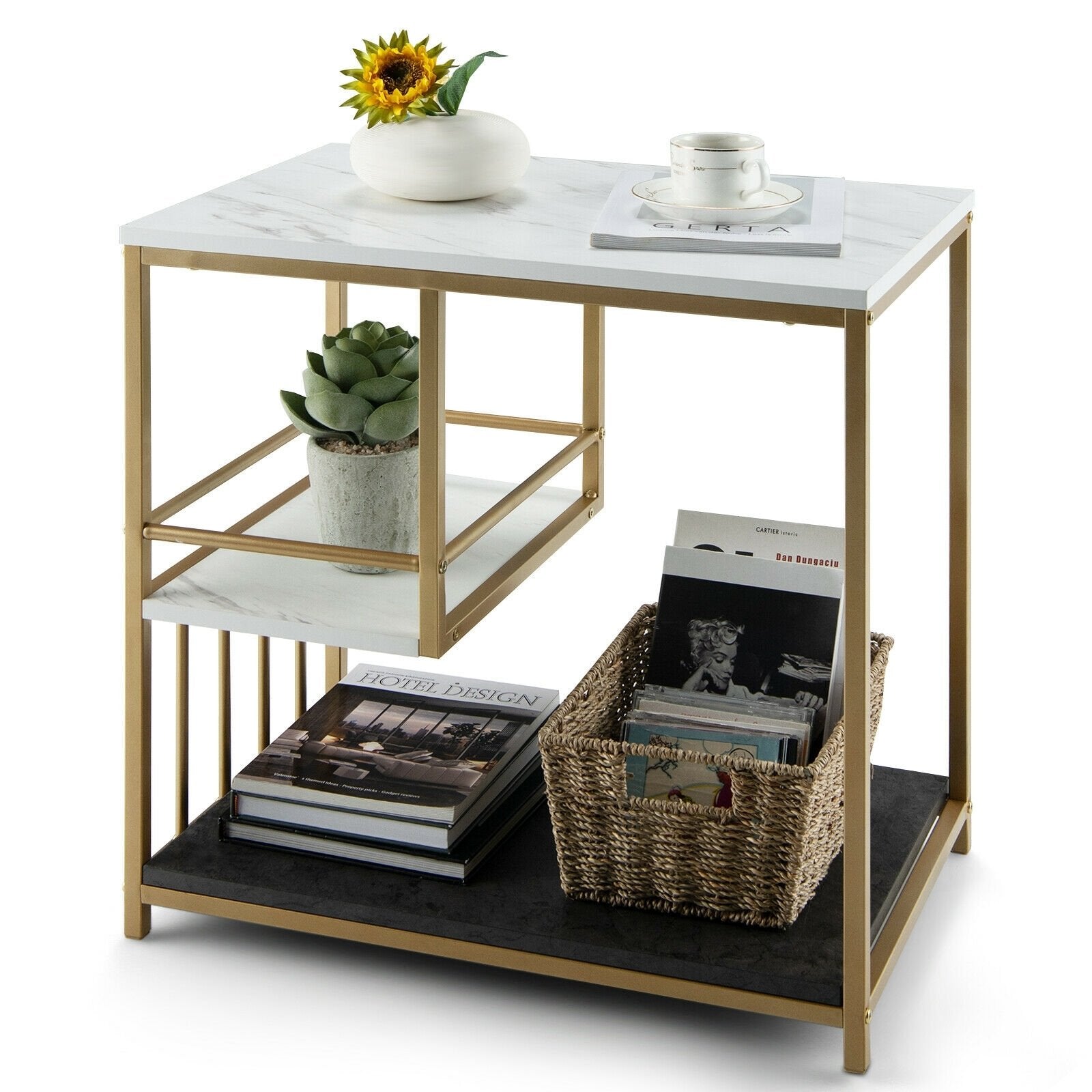 3-Tier Multi-function Marble End Table with Storage Shelf, Golden End & Side Tables   at Gallery Canada