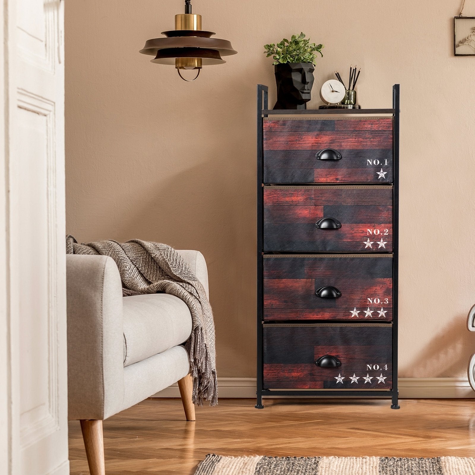 Industrial 4 Fabric Drawers Storage Dresser with Fabric Drawers and Steel Frame, Dark Brown Dressers & Chests   at Gallery Canada