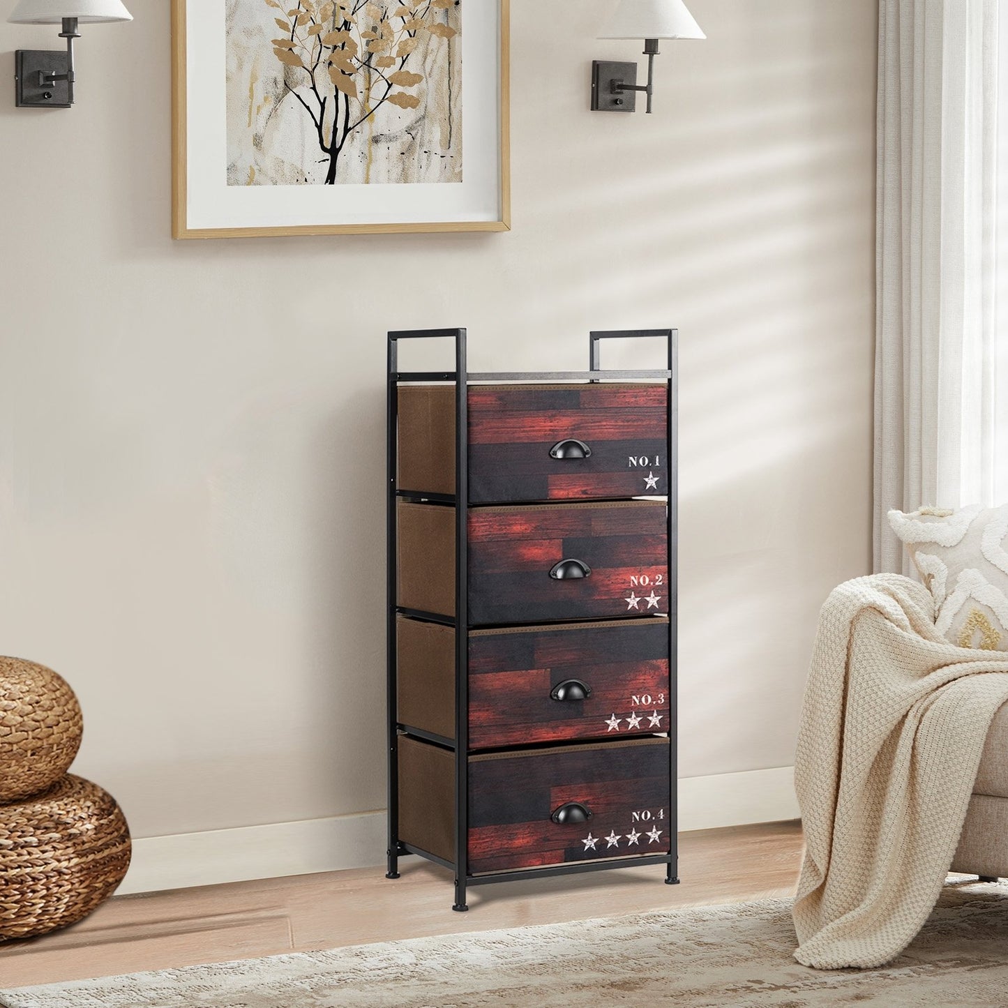 Industrial 4 Fabric Drawers Storage Dresser with Fabric Drawers and Steel Frame, Dark Brown Dressers & Chests   at Gallery Canada