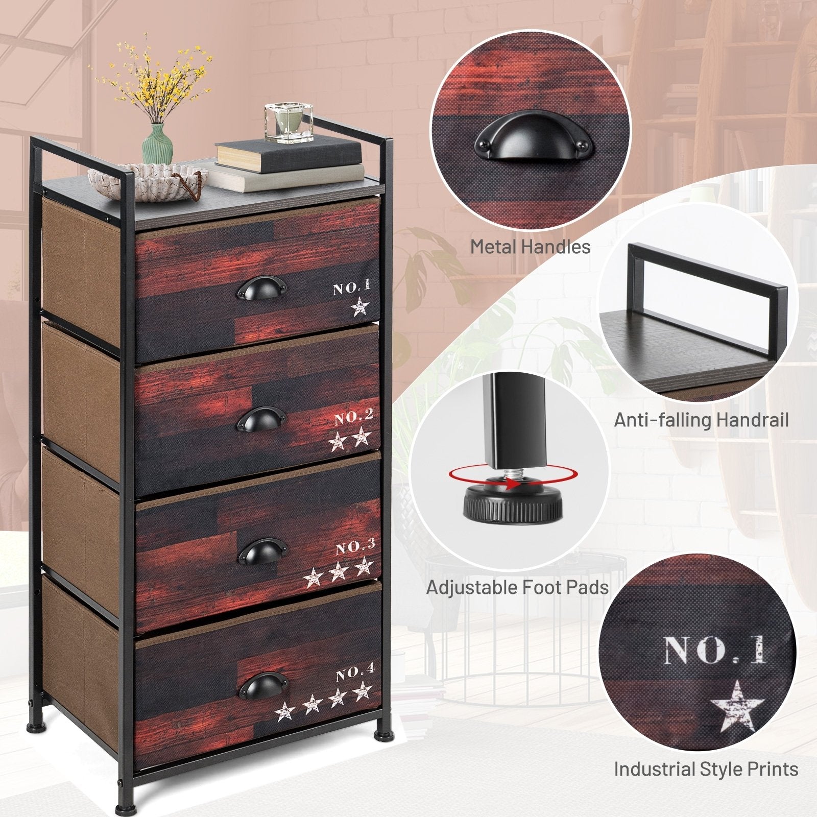 Industrial 4 Fabric Drawers Storage Dresser with Fabric Drawers and Steel Frame, Dark Brown Dressers & Chests   at Gallery Canada