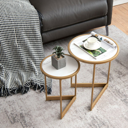 Round Nesting Table Set of 2 with Marble-like Tabletop, White Coffee Tables   at Gallery Canada