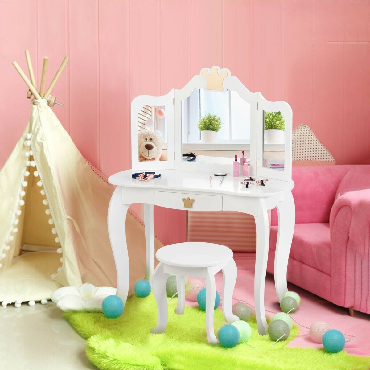 Kids Makeup Dressing Table with Tri-folding Mirror and Stool, White Kids Vanities   at Gallery Canada