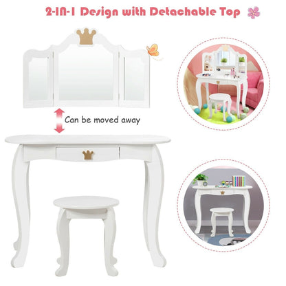 Kids Makeup Dressing Table with Tri-folding Mirror and Stool, White Kids Vanities   at Gallery Canada