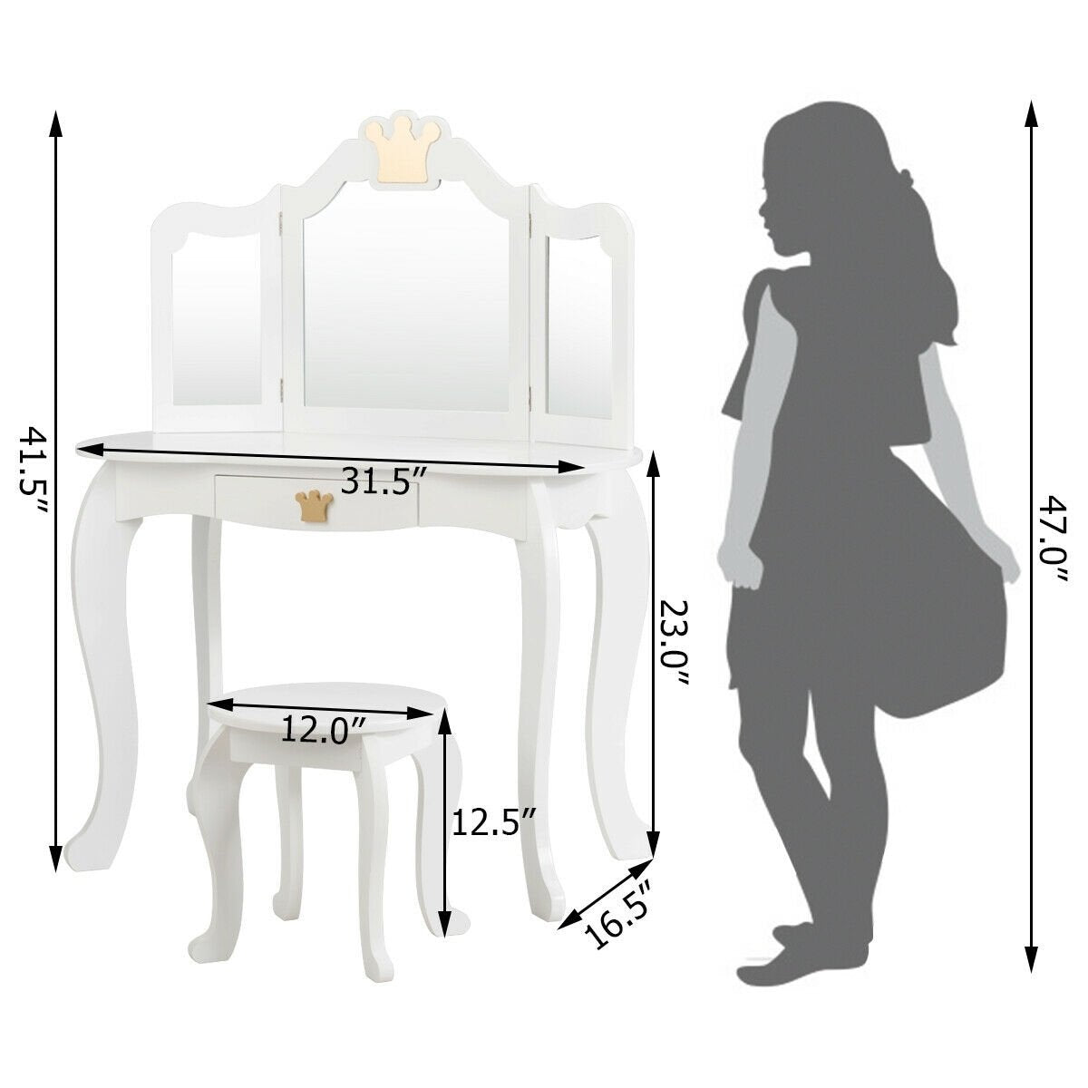 Kids Makeup Dressing Table with Tri-folding Mirror and Stool, White - Gallery Canada