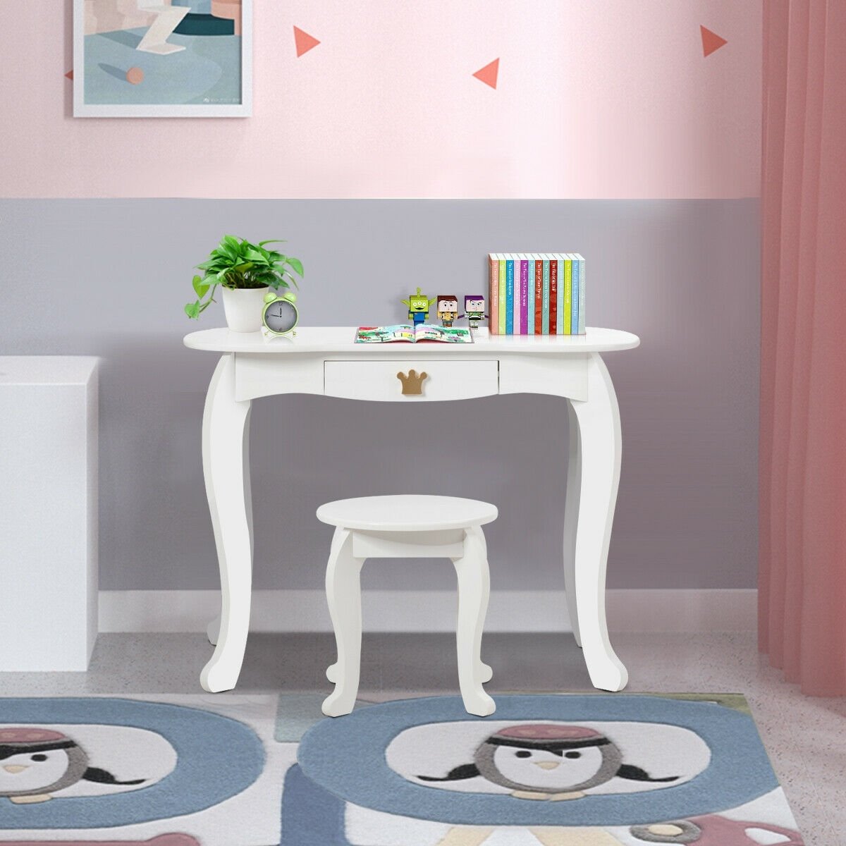 Kids Makeup Dressing Table with Tri-folding Mirror and Stool, White Kids Vanities   at Gallery Canada