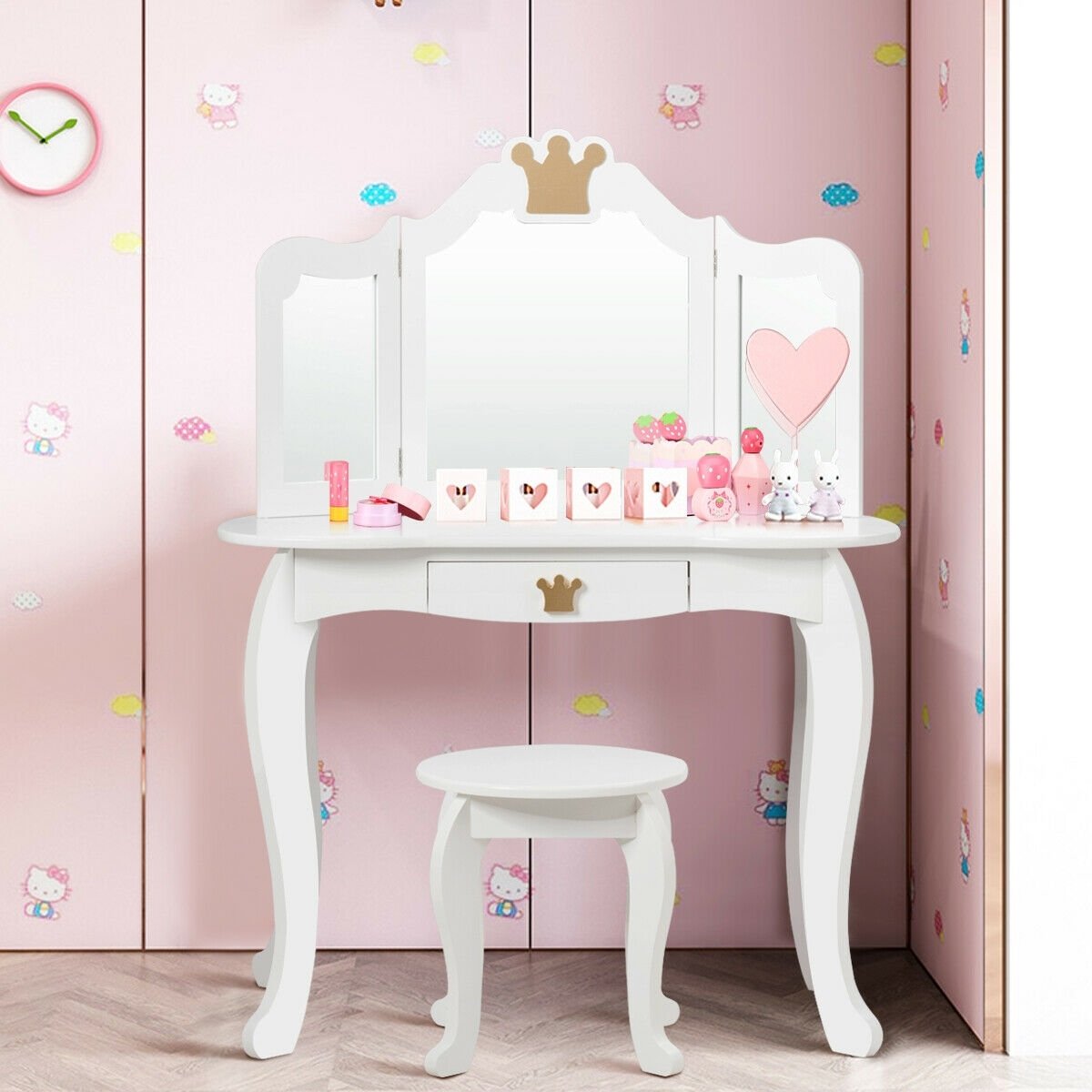 Kids Makeup Dressing Table with Tri-folding Mirror and Stool, White Kids Vanities   at Gallery Canada