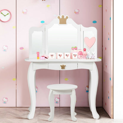 Kids Makeup Dressing Table with Tri-folding Mirror and Stool, White - Gallery Canada