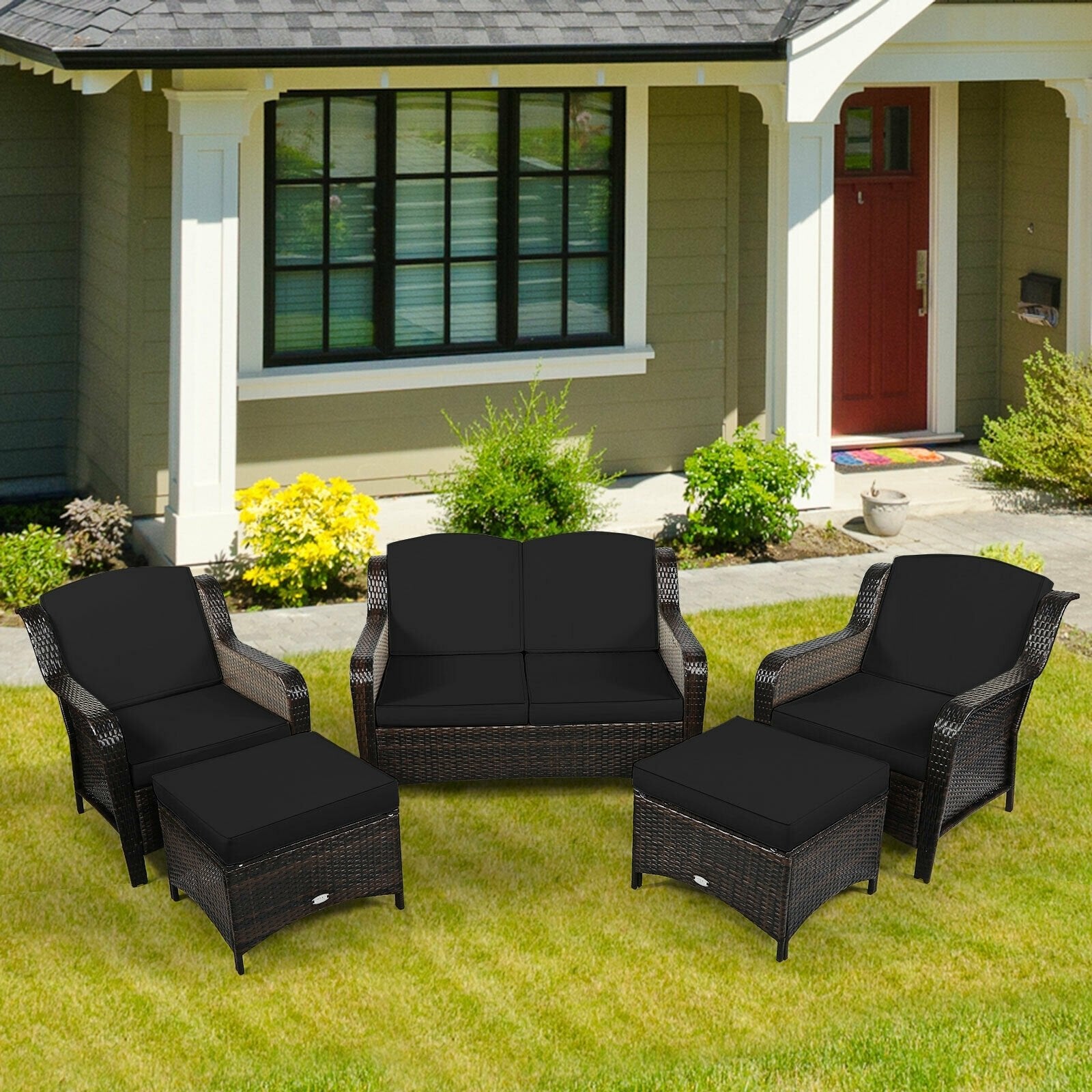 5 Pieces Patio Rattan Sofa Set with Cushion and Ottoman, Black - Gallery Canada