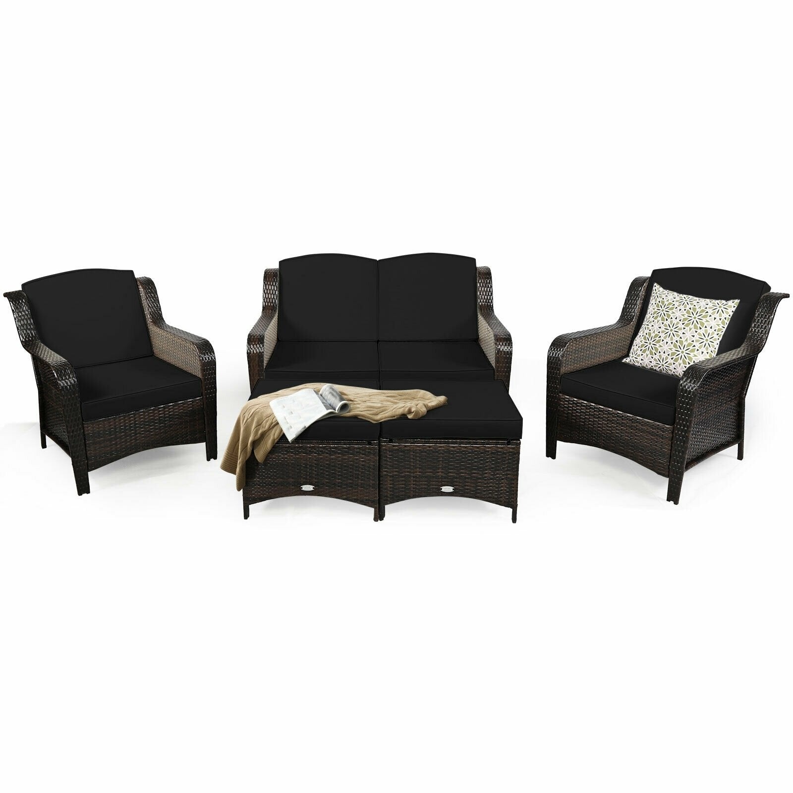 5 Pieces Patio Rattan Sofa Set with Cushion and Ottoman, Black - Gallery Canada