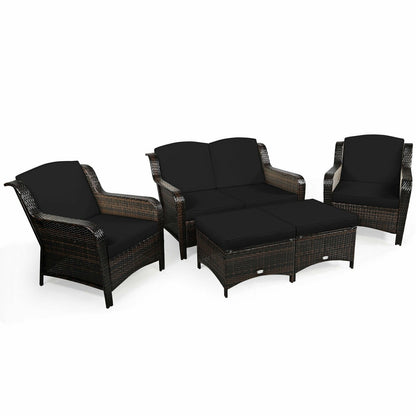 5 Pieces Patio Rattan Sofa Set with Cushion and Ottoman, Black - Gallery Canada