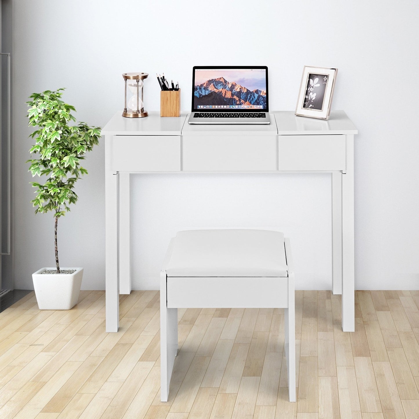 Vanity Makeup Dressing Table Set with Flip Top Mirror and Cushioned Stool, White - Gallery Canada