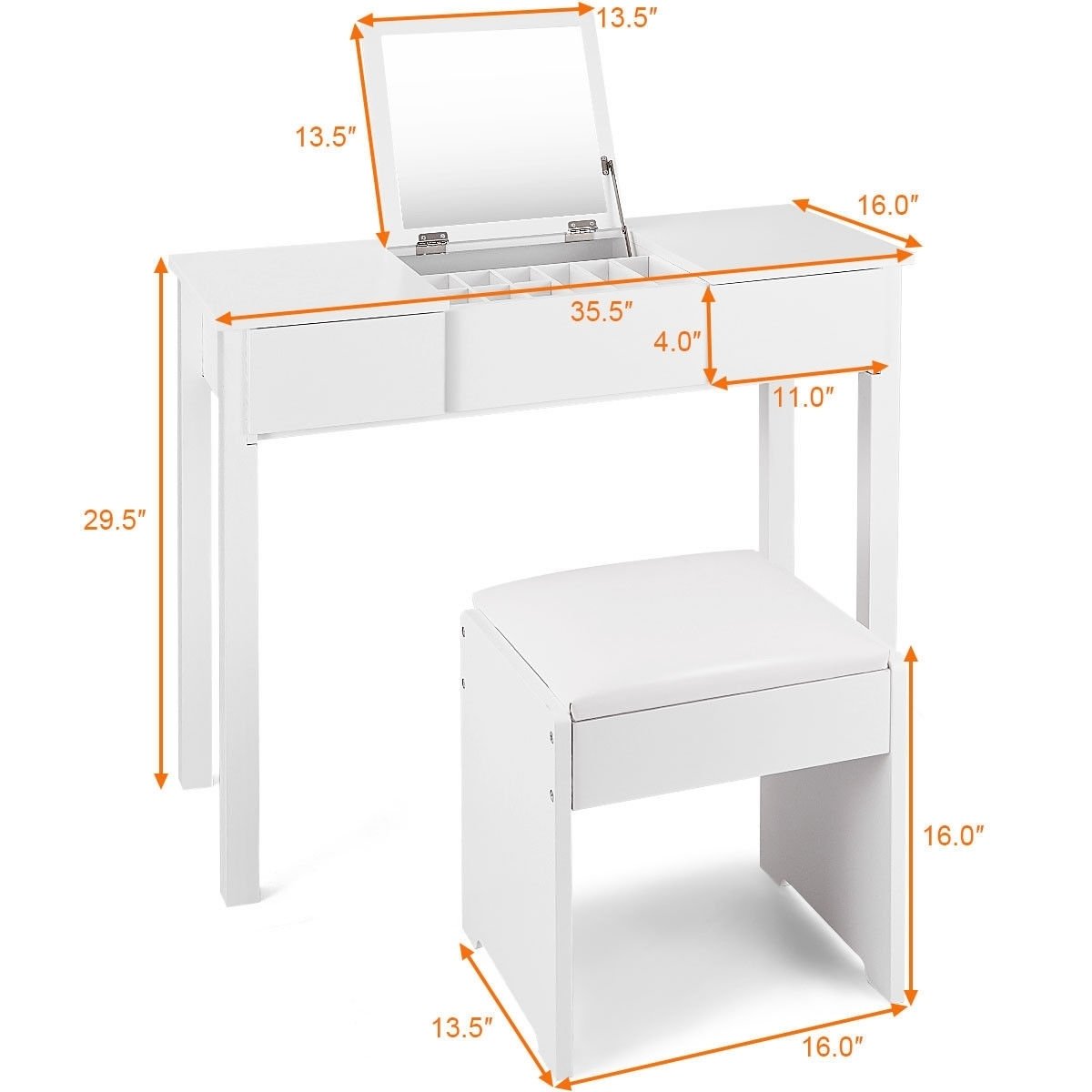 Vanity Makeup Dressing Table Set with Flip Top Mirror and Cushioned Stool, White Makeup Vanities   at Gallery Canada