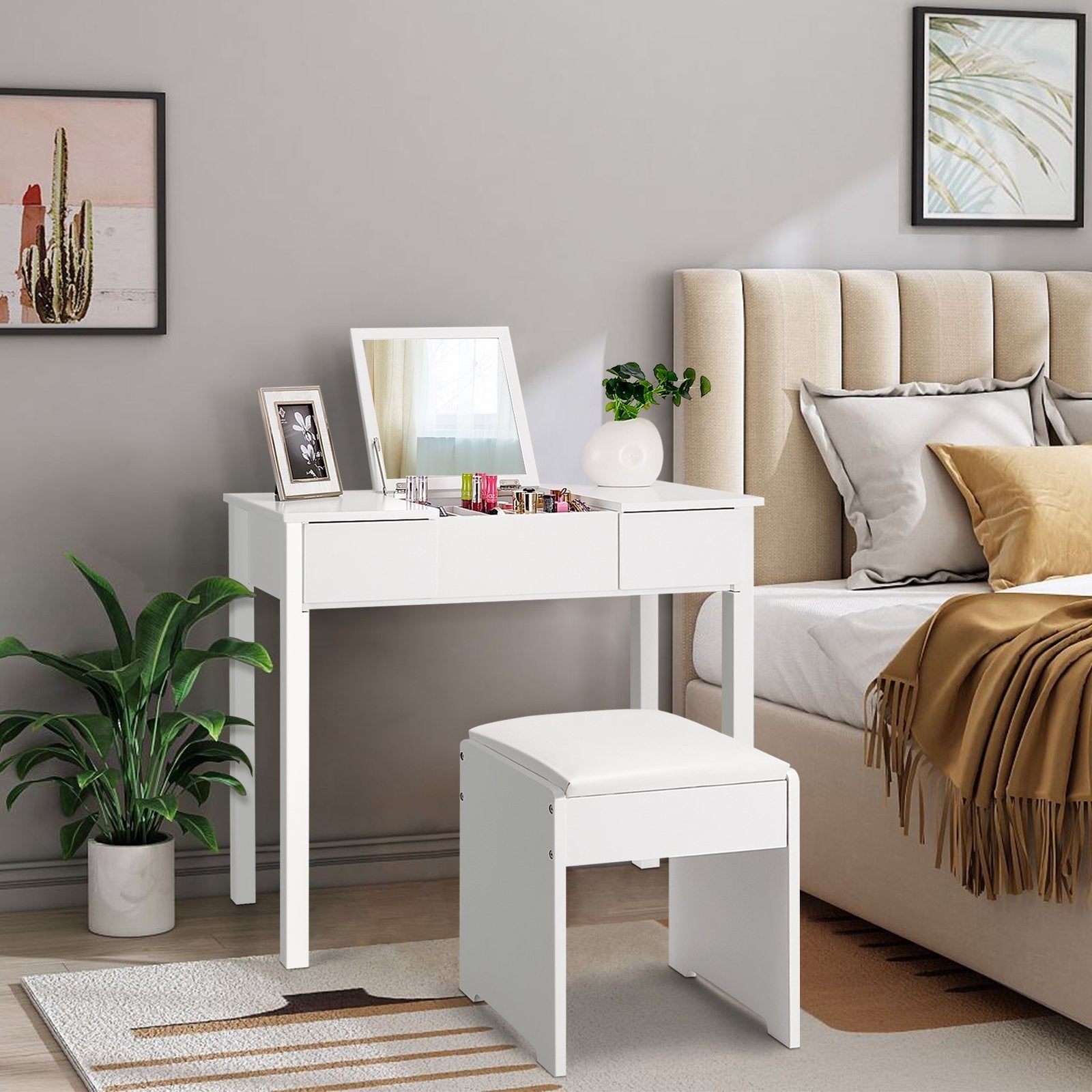 Vanity Makeup Dressing Table Set with Flip Top Mirror and Cushioned Stool, White Makeup Vanities   at Gallery Canada