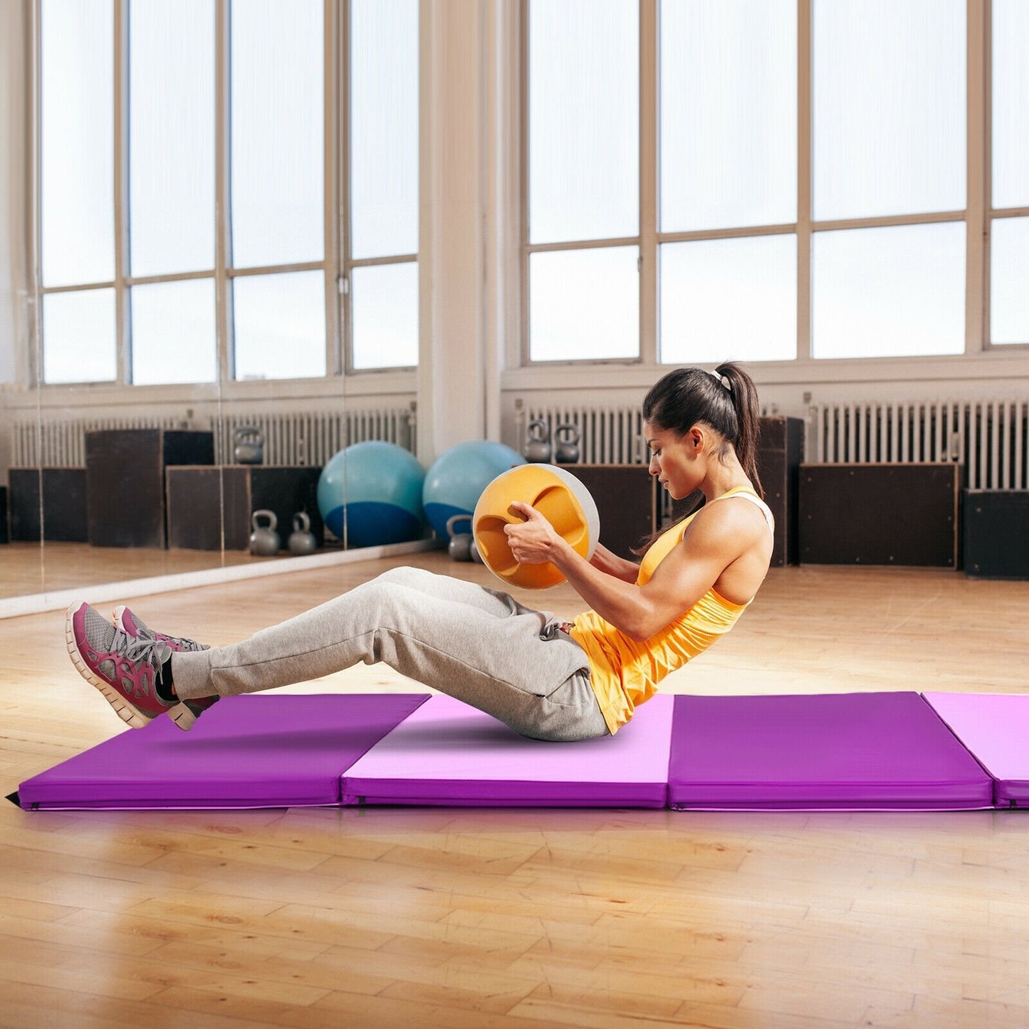 4 Feet x 8 Feet Folding Gymnastics Panel Mat with Handles Hook, Pink - Gallery Canada