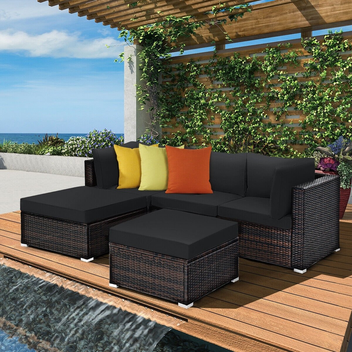 5 Pieces Patio Sectional Rattan Furniture Set with Ottoman Table, Black Outdoor Sectionals   at Gallery Canada