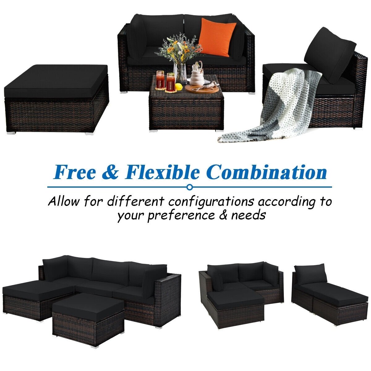 5 Pieces Patio Sectional Rattan Furniture Set with Ottoman Table, Black Outdoor Sectionals   at Gallery Canada