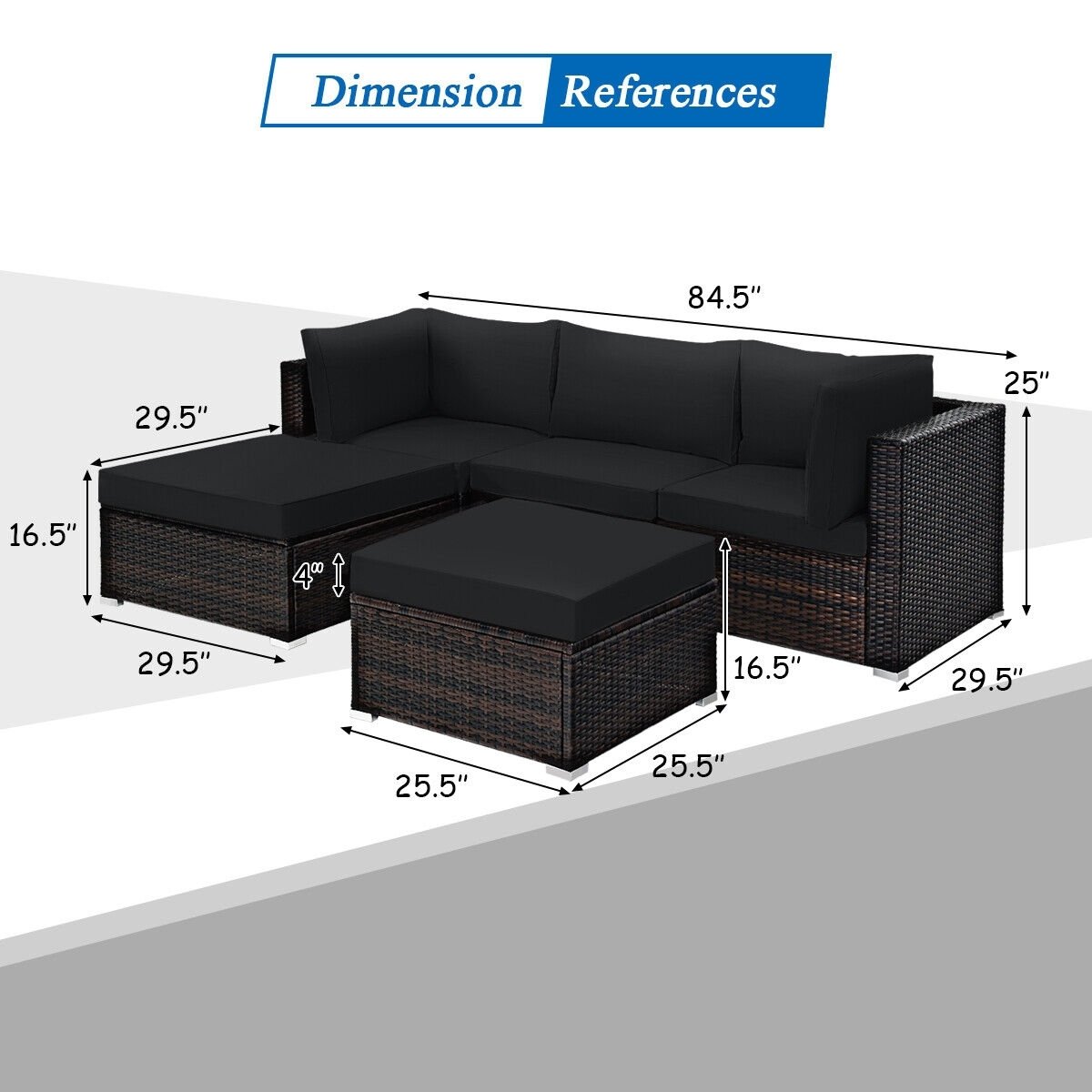 5 Pieces Patio Sectional Rattan Furniture Set with Ottoman Table, Black Outdoor Sectionals   at Gallery Canada