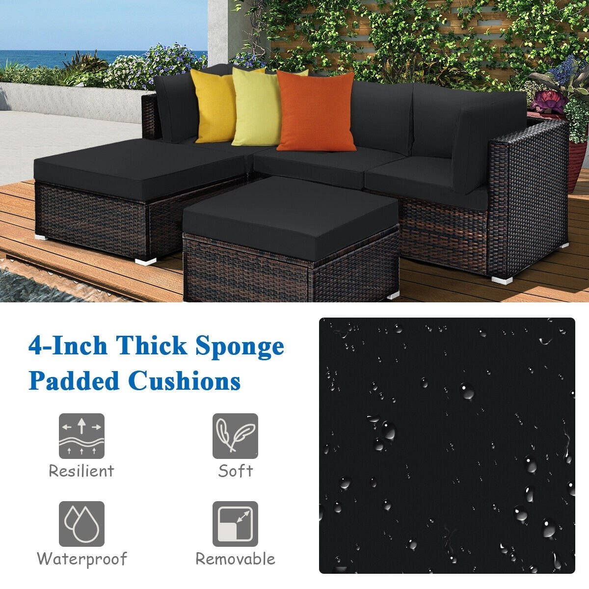 5 Pieces Patio Sectional Rattan Furniture Set with Ottoman Table, Black Outdoor Sectionals   at Gallery Canada