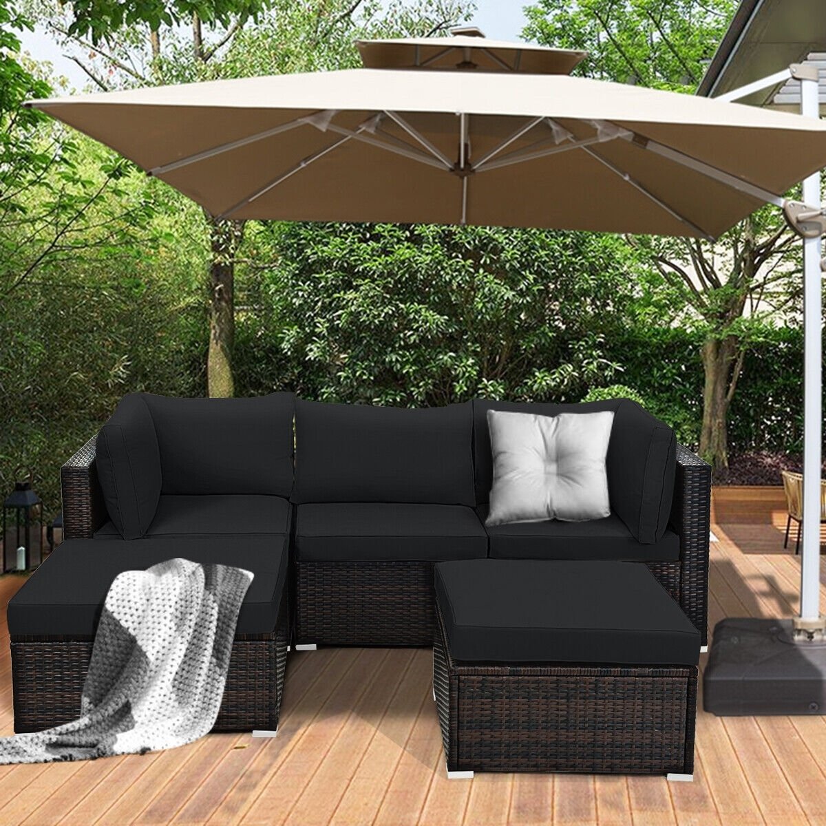 5 Pieces Patio Sectional Rattan Furniture Set with Ottoman Table, Black Outdoor Sectionals   at Gallery Canada