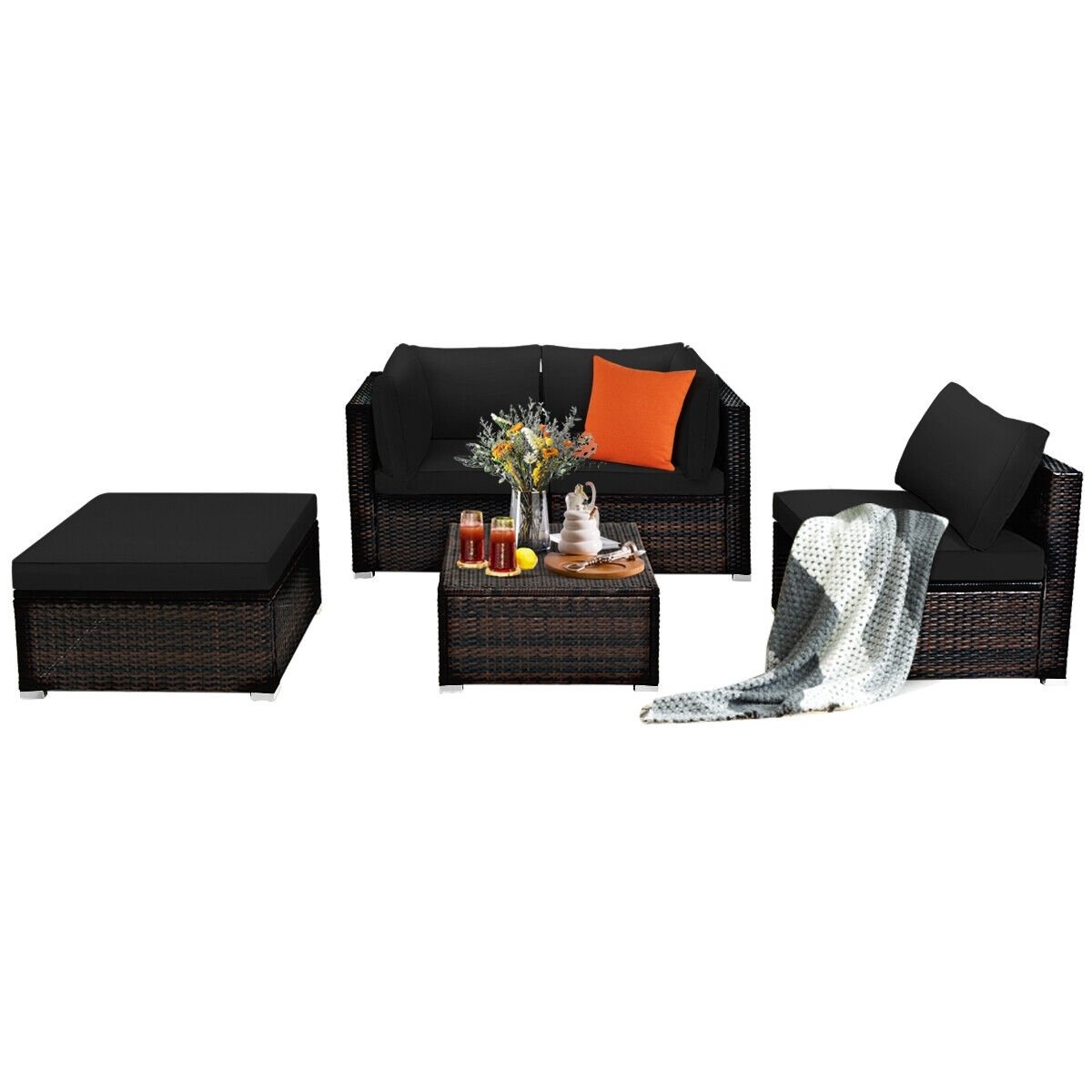 5 Pieces Patio Sectional Rattan Furniture Set with Ottoman Table, Black Outdoor Sectionals   at Gallery Canada