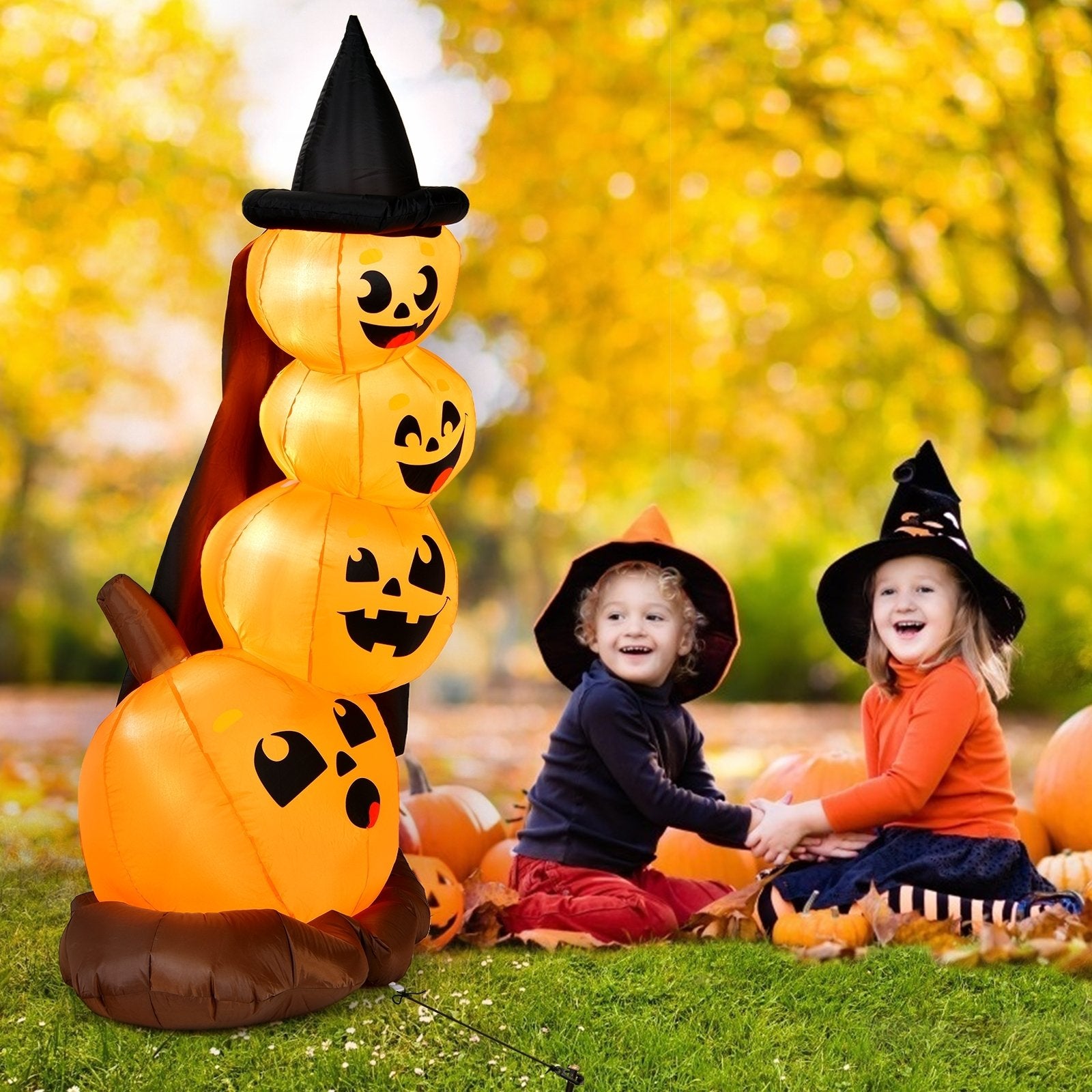 7 Feet Halloween Inflatable Pumpkin Combo with Witch's Hat and LED Lights, Orange - Gallery Canada