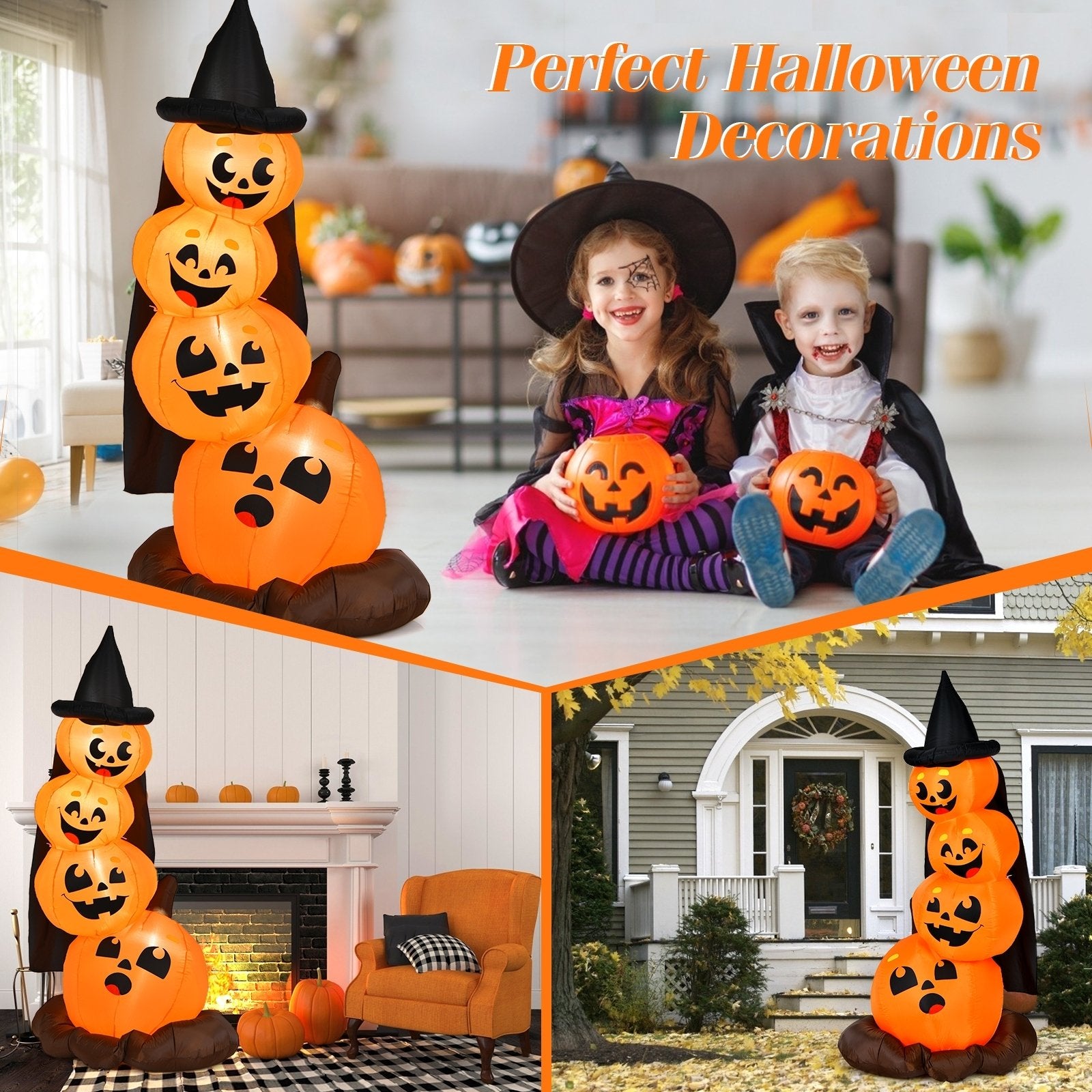 7 Feet Halloween Inflatable Pumpkin Combo with Witch's Hat and LED Lights, Orange Halloween   at Gallery Canada