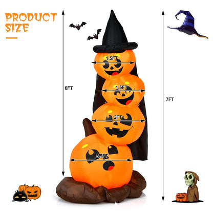 7 Feet Halloween Inflatable Pumpkin Combo with Witch's Hat and LED Lights, Orange - Gallery Canada