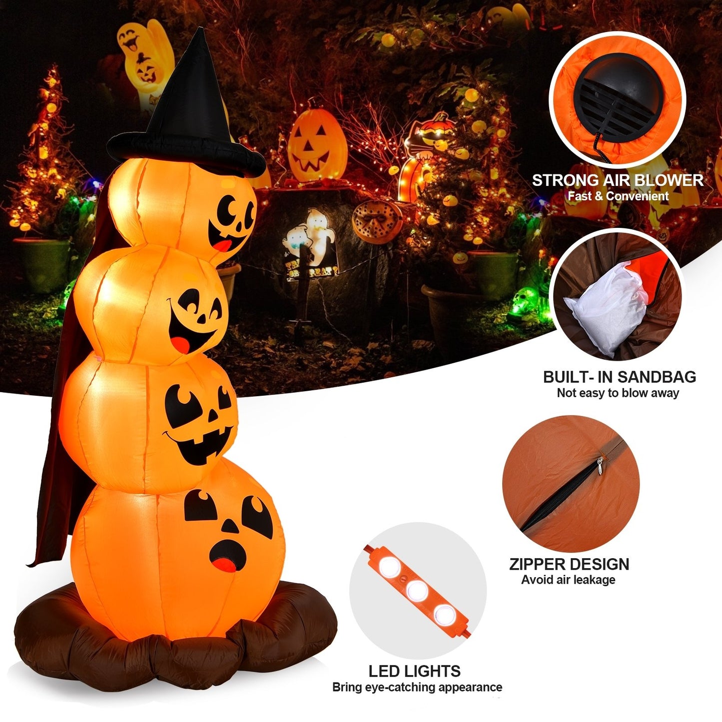 7 Feet Halloween Inflatable Pumpkin Combo with Witch's Hat and LED Lights, Orange - Gallery Canada