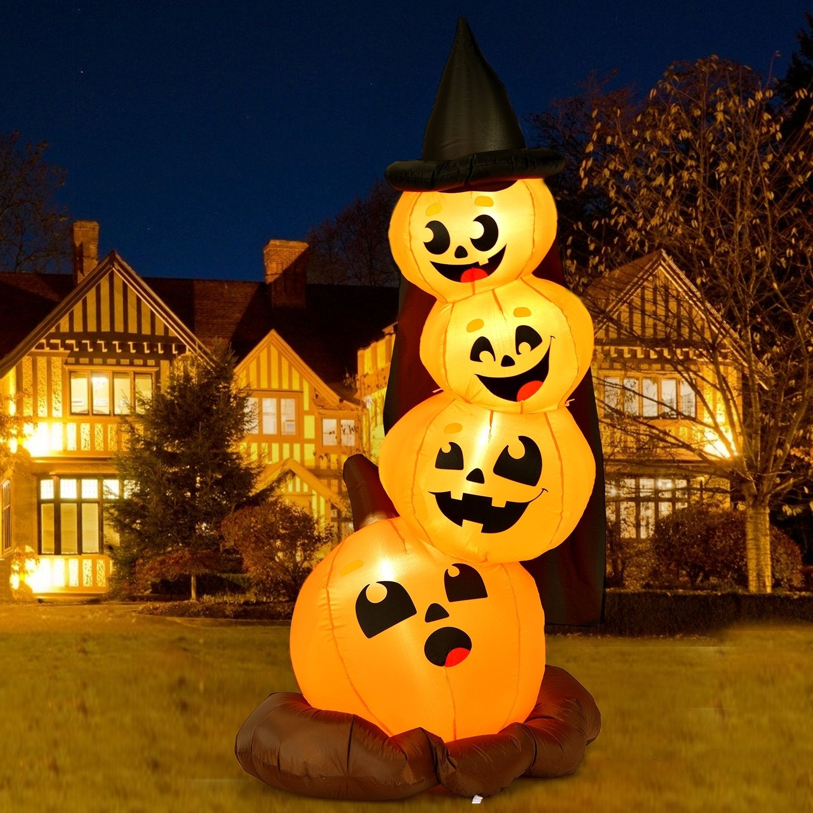 7 Feet Halloween Inflatable Pumpkin Combo with Witch's Hat and LED Lights, Orange - Gallery Canada