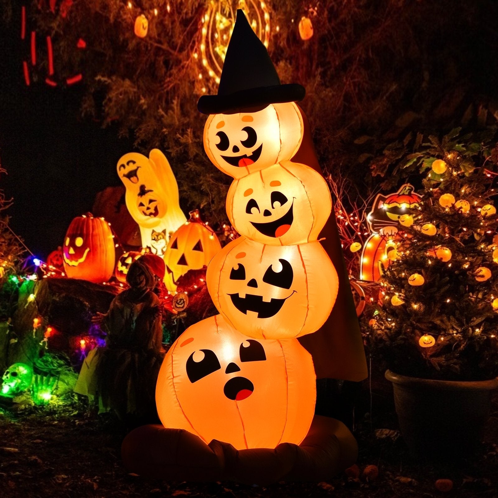 7 Feet Halloween Inflatable Pumpkin Combo with Witch's Hat and LED Lights, Orange - Gallery Canada