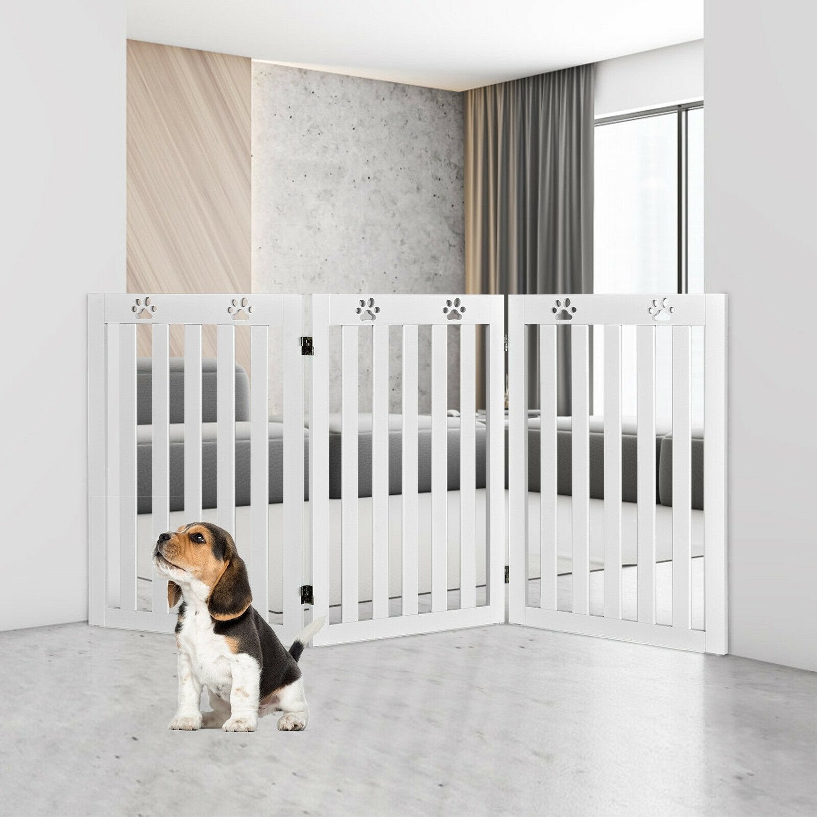 36 Inch Folding Wooden Freestanding Pet Gate Dog Gate with 360° Flexible Hinge, White Pet Gate   at Gallery Canada