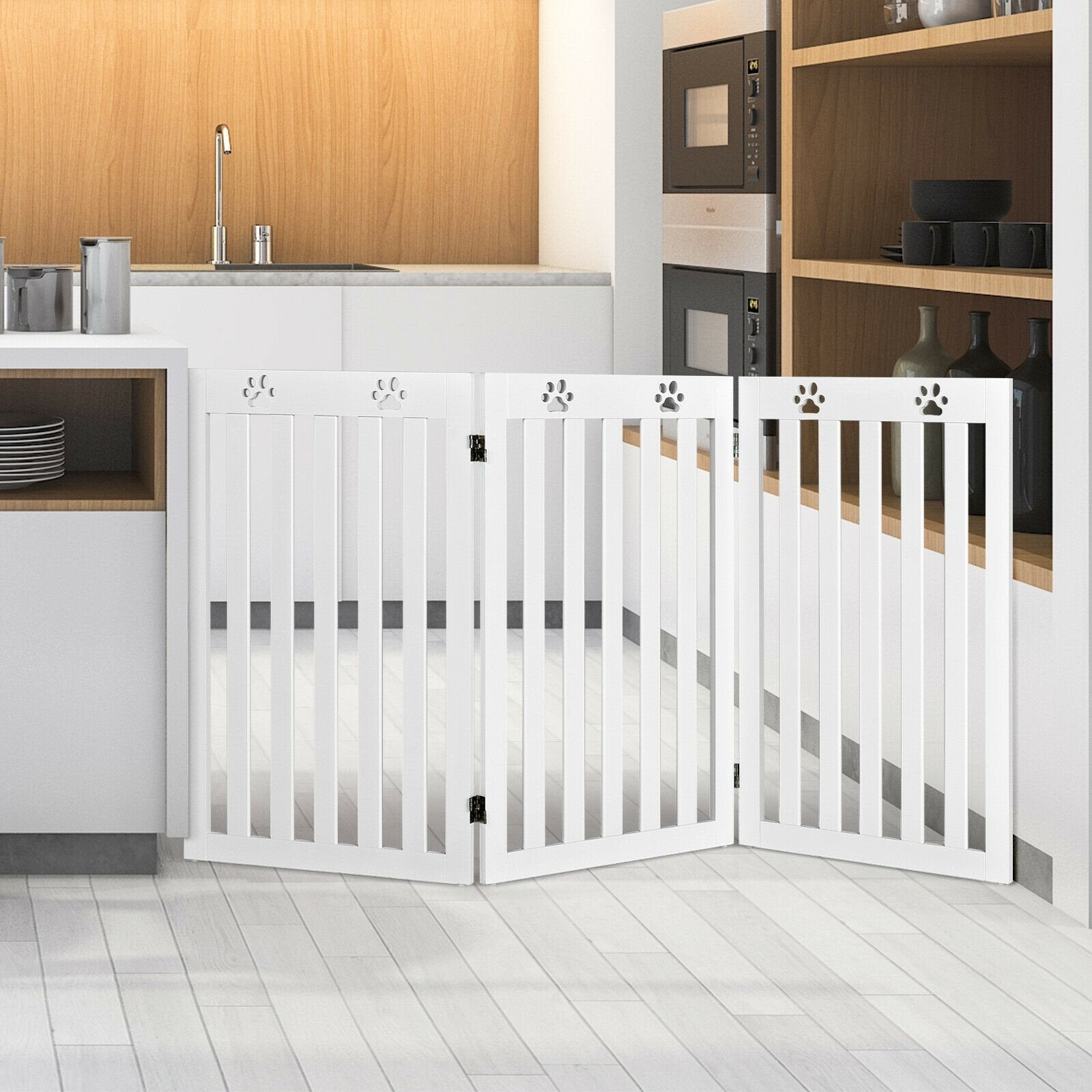 36 Inch Folding Wooden Freestanding Pet Gate Dog Gate with 360° Flexible Hinge, White Pet Gate   at Gallery Canada