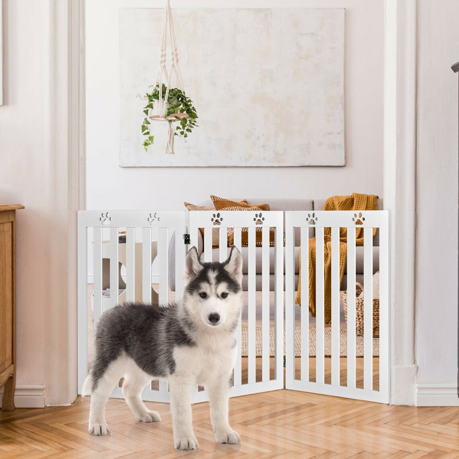 36 Inch Folding Wooden Freestanding Pet Gate Dog Gate with 360° Flexible Hinge, White Pet Gate   at Gallery Canada