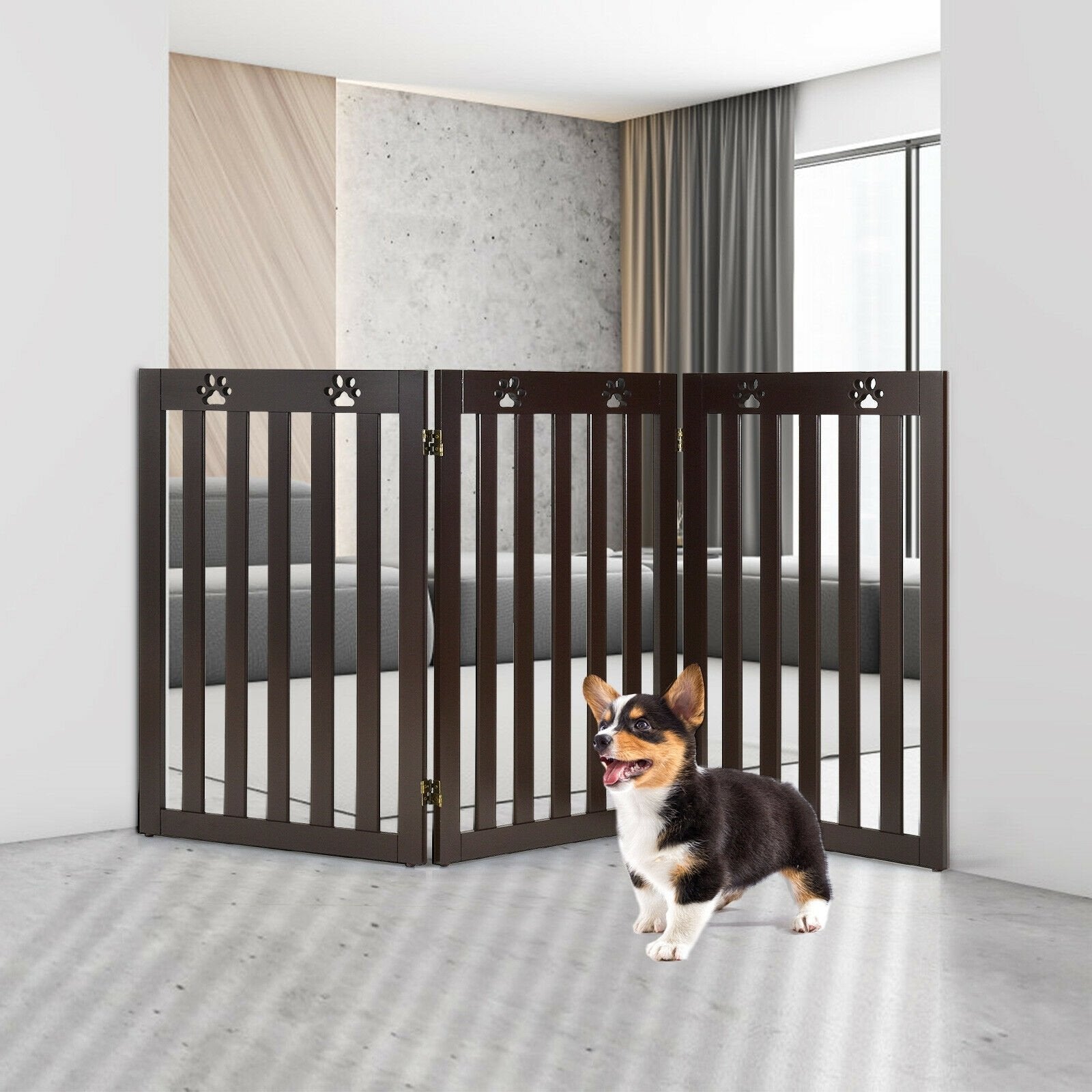 36 Inch Folding Wooden Freestanding Pet Gate Dog Gate with 360° Flexible Hinge, Dark Brown Pet Gate   at Gallery Canada