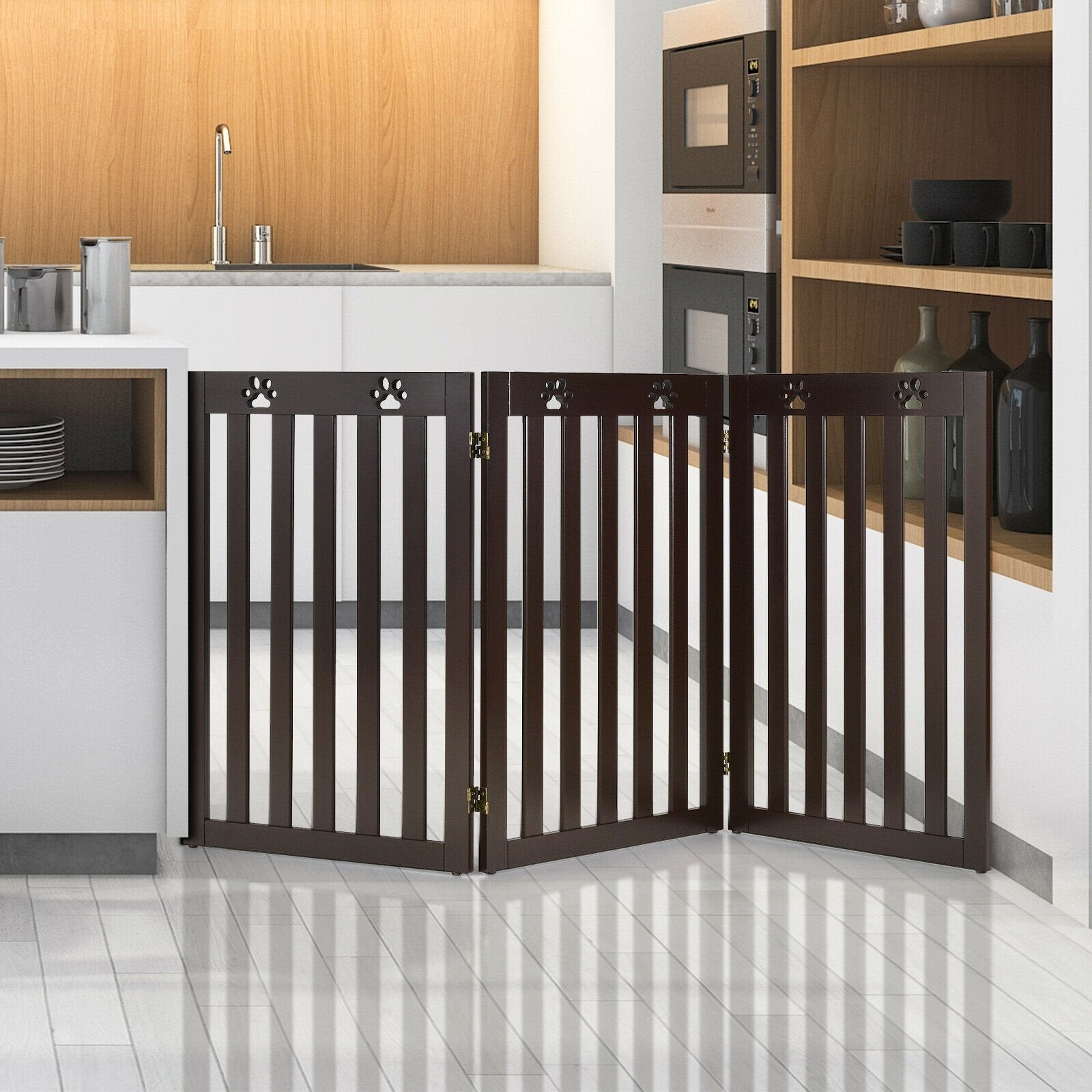 36 Inch Folding Wooden Freestanding Pet Gate Dog Gate with 360° Flexible Hinge, Dark Brown Pet Gate   at Gallery Canada