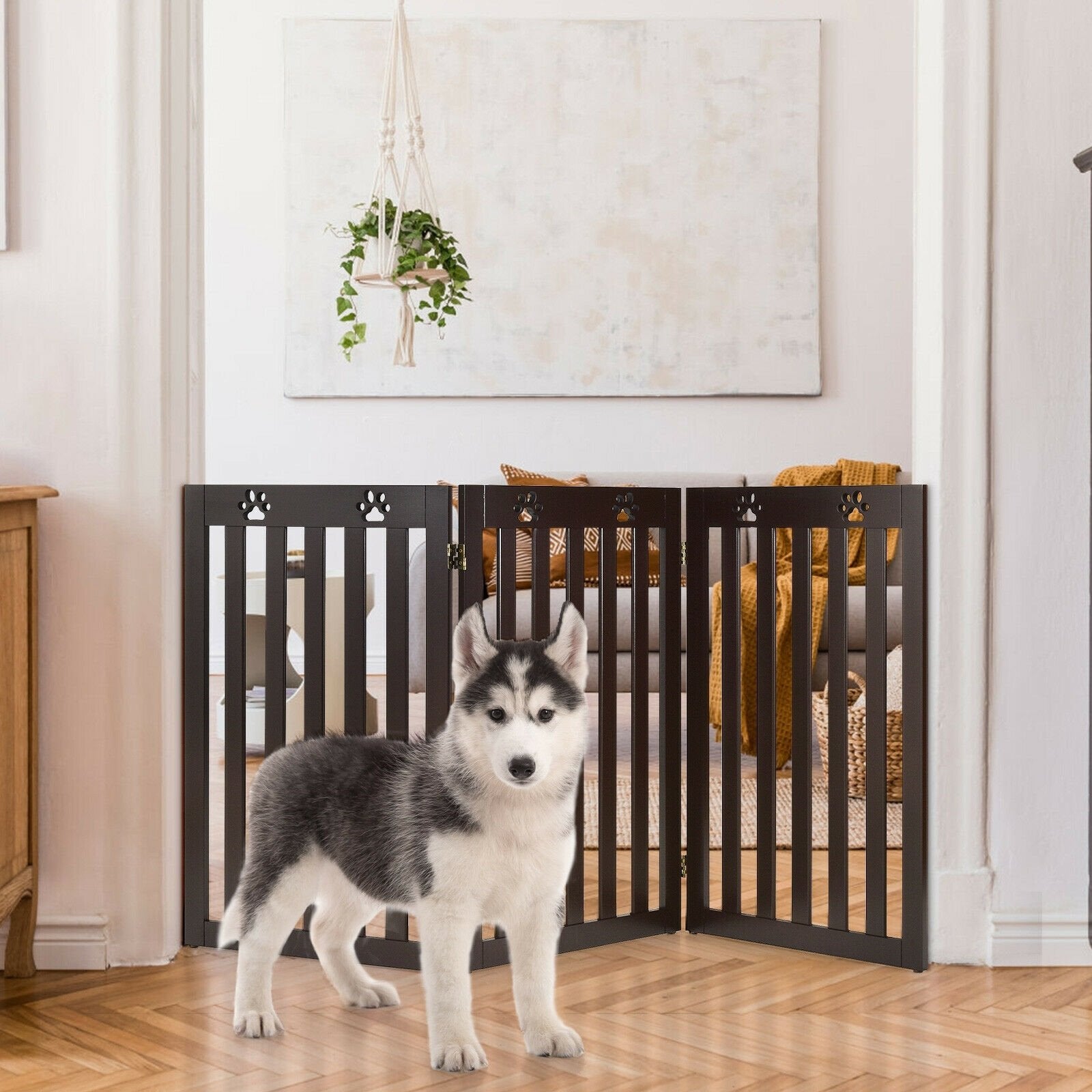 36 Inch Folding Wooden Freestanding Pet Gate Dog Gate with 360° Flexible Hinge, Dark Brown Pet Gate   at Gallery Canada