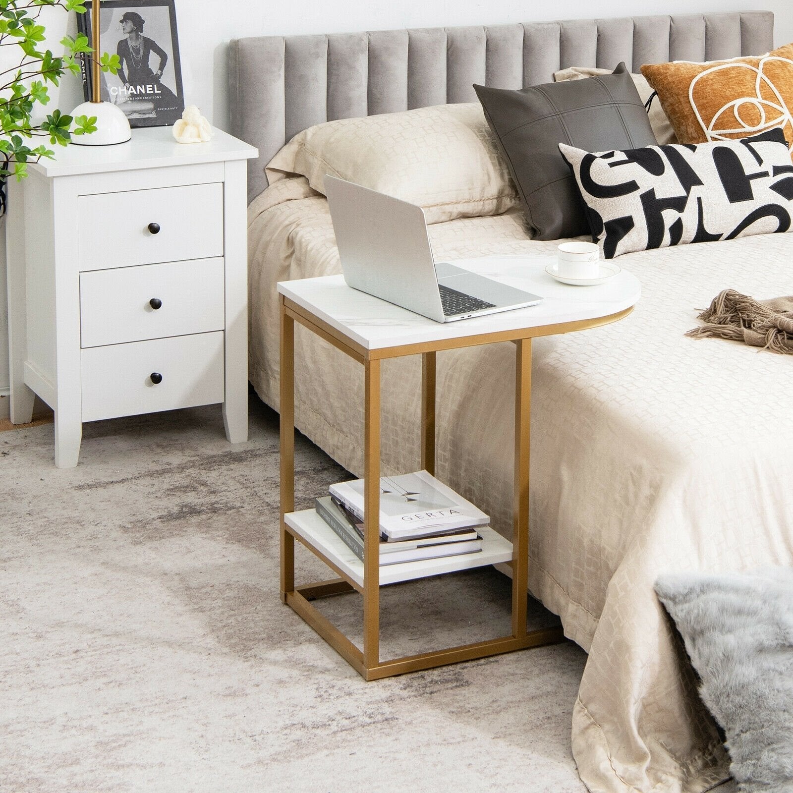 C-shaped Side Table with Faux Marble Tabletop and Golden Steel Frame, White End & Side Tables   at Gallery Canada