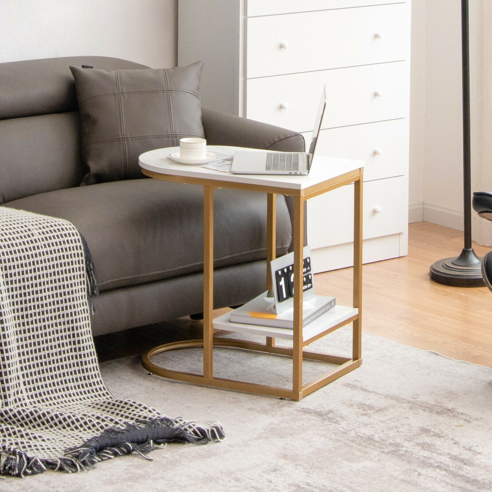 C-shaped Side Table with Faux Marble Tabletop and Golden Steel Frame, White End & Side Tables   at Gallery Canada