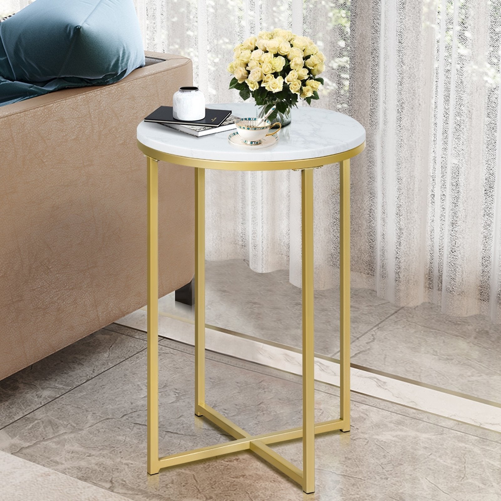 X-Shaped Marble Top Small Round Side Table End Table - Gallery Canada