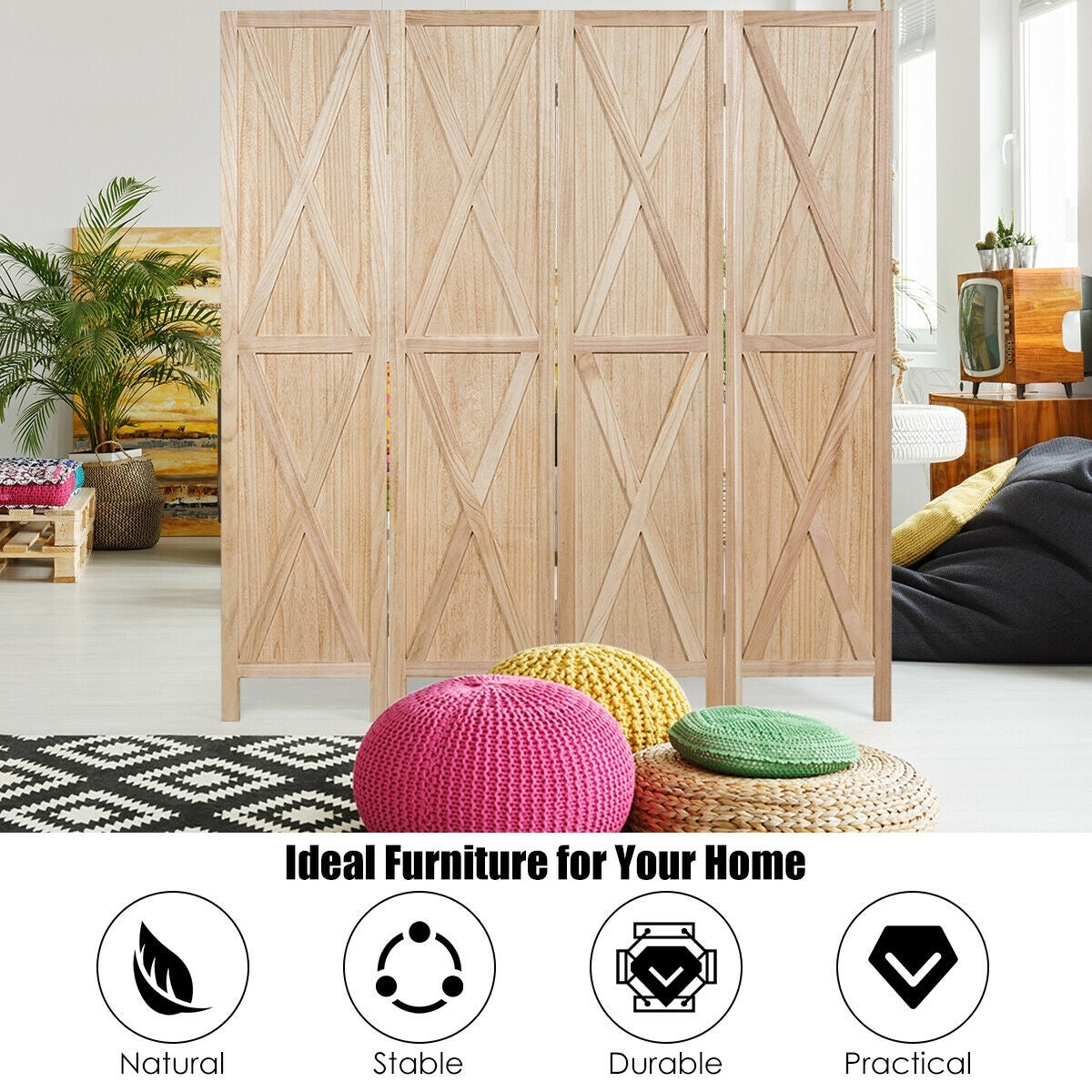 5.6 Ft 4 Panels Folding Wooden Room Divider, Natural Room Dividers   at Gallery Canada