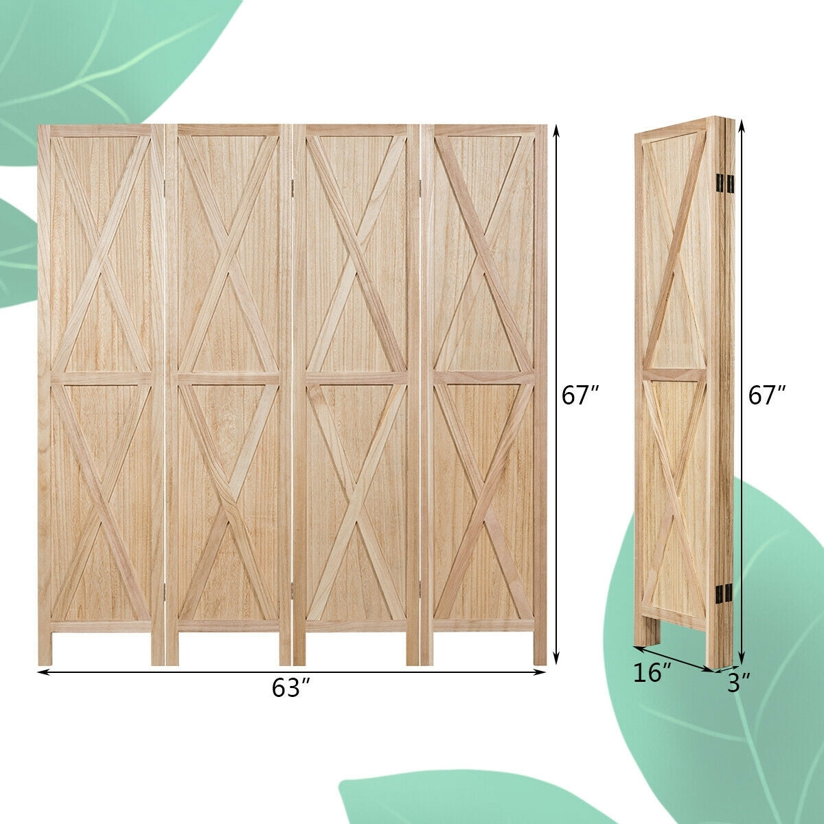 5.6 Ft 4 Panels Folding Wooden Room Divider, Natural Room Dividers   at Gallery Canada