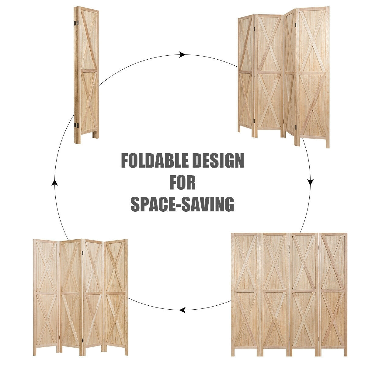 5.6 Ft 4 Panels Folding Wooden Room Divider, Natural Room Dividers   at Gallery Canada