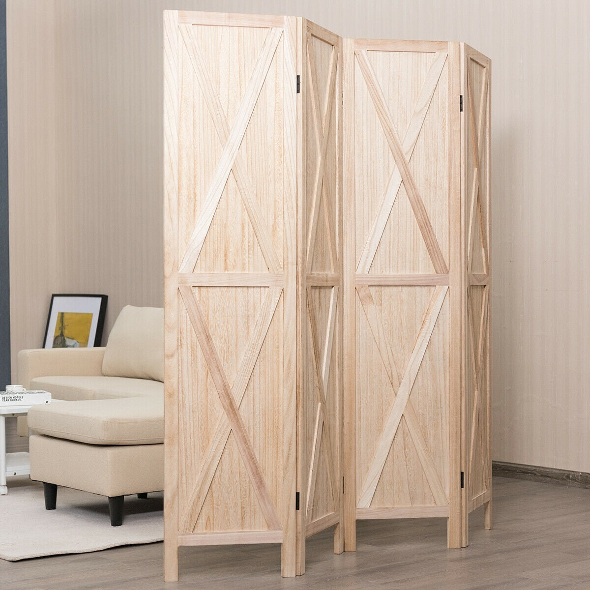 5.6 Ft 4 Panels Folding Wooden Room Divider, Natural Room Dividers   at Gallery Canada