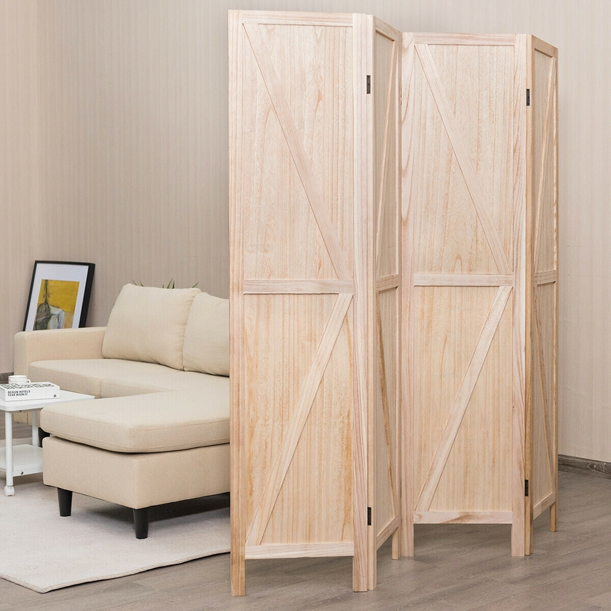 4 Panels Folding Wooden Room Divider, Natural Room Dividers   at Gallery Canada