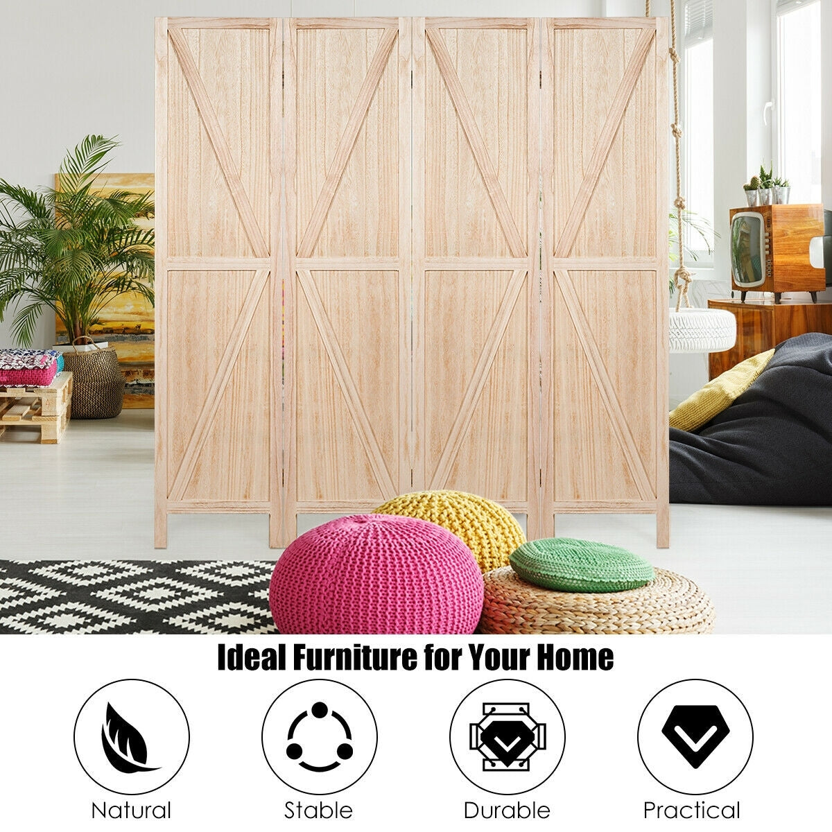 4 Panels Folding Wooden Room Divider, Natural Room Dividers   at Gallery Canada