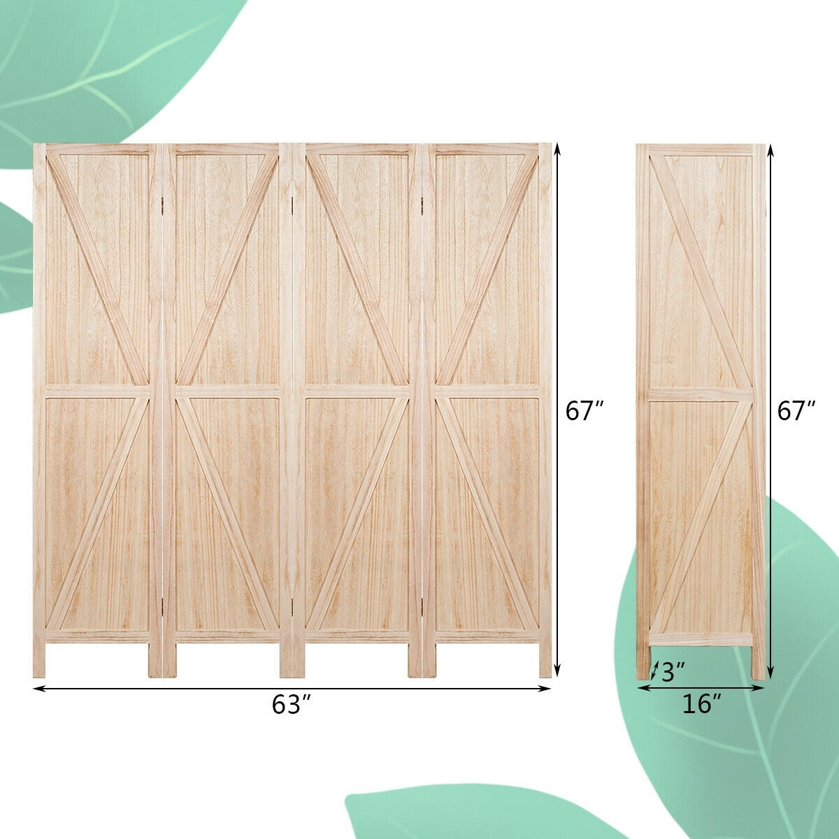 4 Panels Folding Wooden Room Divider, Natural Room Dividers   at Gallery Canada