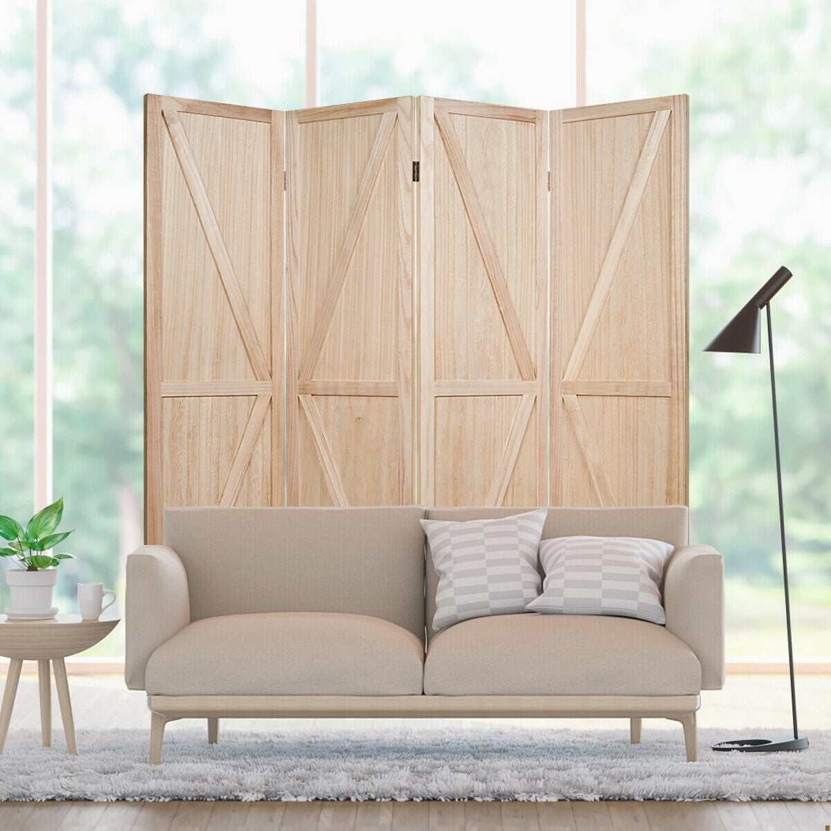 4 Panels Folding Wooden Room Divider, Natural Room Dividers   at Gallery Canada